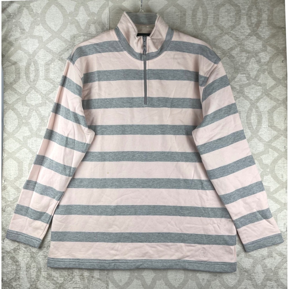 Lauren Ralph Lauren Pullover Womens Medium Pink Gray Striped Quarter Zip Cotton